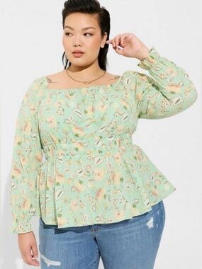 Torrid Cotton Clip Dot Blouson Sleeve Smocked Top Green Long Sleeve Size 4X New
